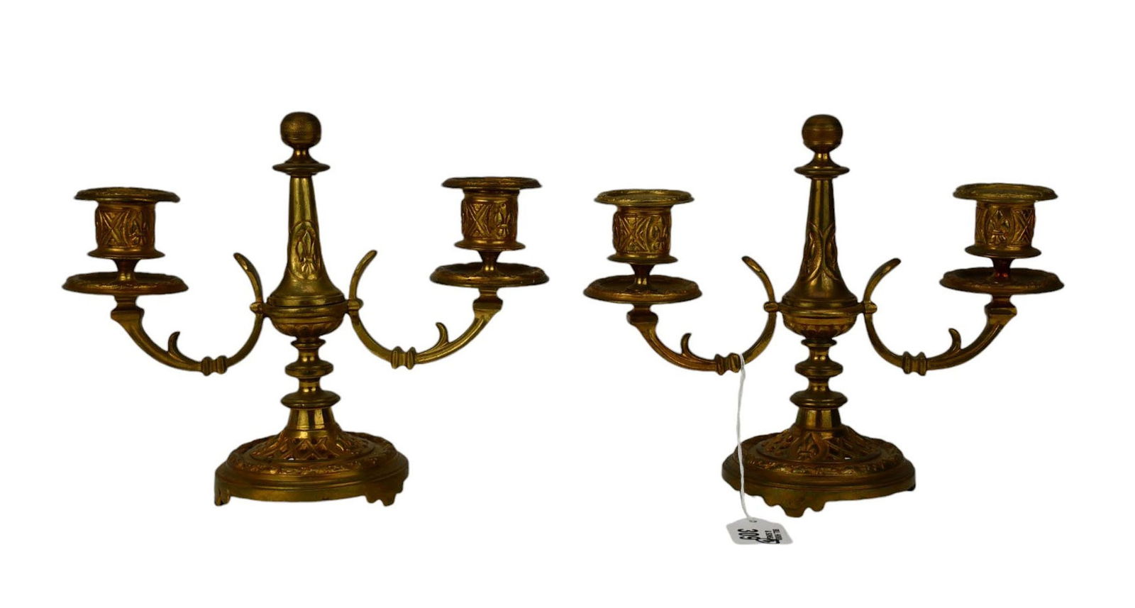 Pair of French Style Gilt Bronze Two Light Candelabra, 20th Century, Two candle branches, with open: Pair of French Style Gilt Bronze Two Light Candelabra, 20th Century, Two candle branches, with open work pierced bases, H. 8” x W. 9”