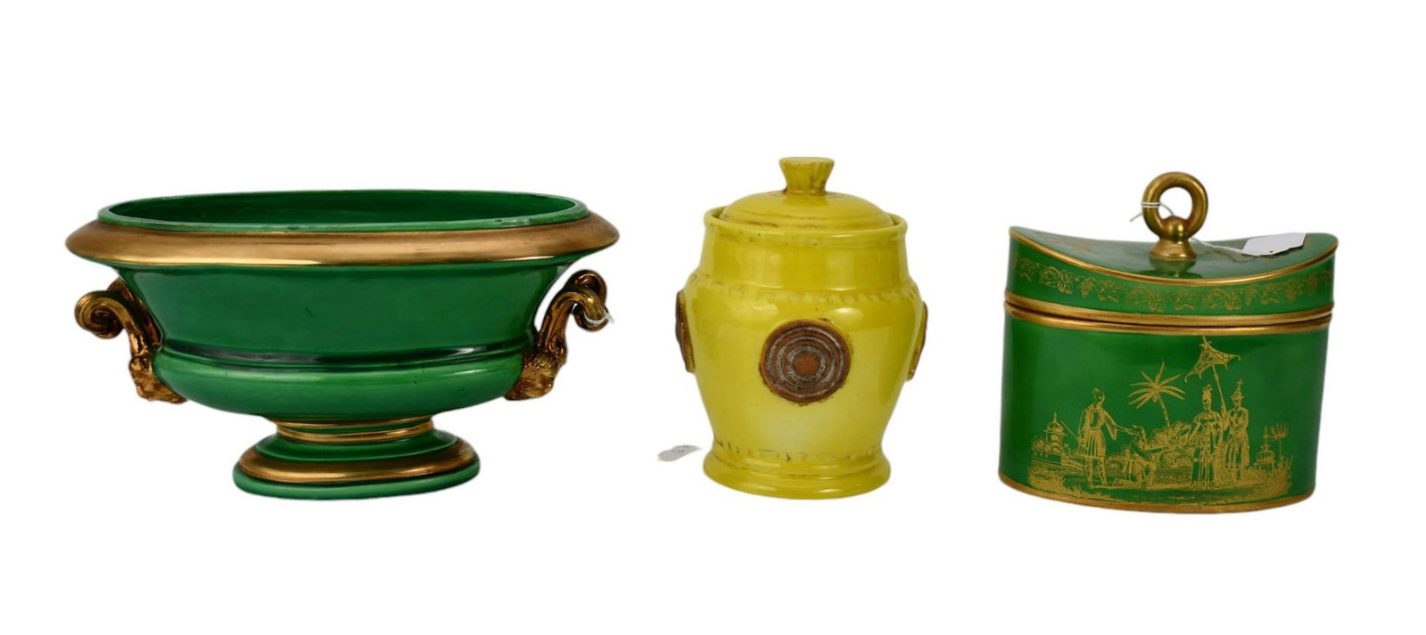 Three Italian Decorative Porcelain & Pottery Table Articles, 20th Century, Italy, Comprising:: Three Italian Decorative Porcelain & Pottery Table Articles, 20th Century, Italy, Comprising: A).Footed Green and Gilt Decorated Oval Bowl with twin handles of masks, gilt rim and brand at base, H. 5 