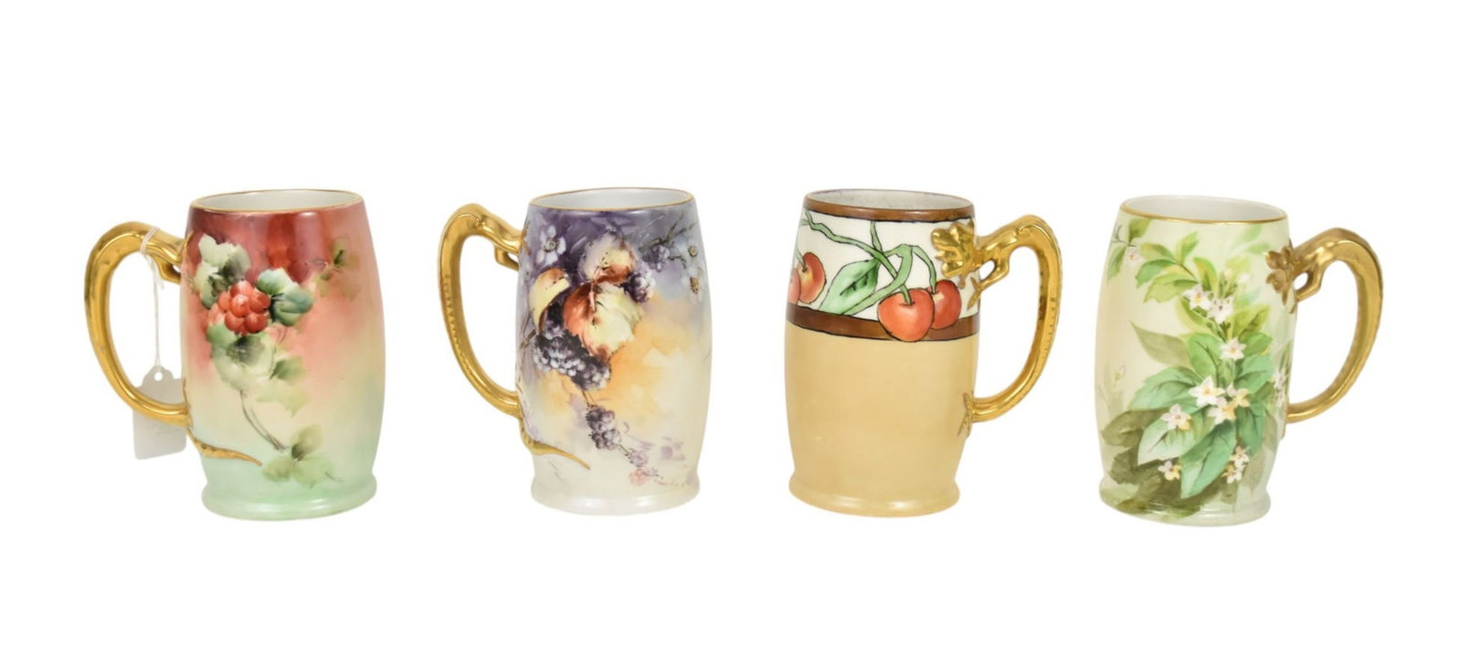 4 Limoges Porcelain Handpainted Mugs with Dragon Handles, 6"h: 4 Limoges Porcelain Handpainted Mugs with Dragon Handles, 6"h