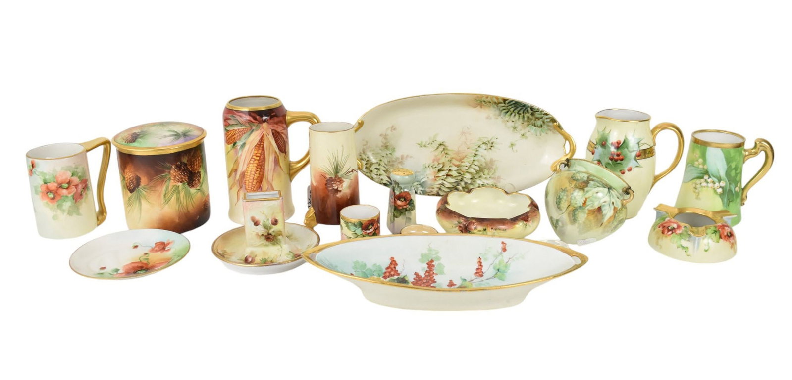 Limoges Porcelain Hand Painted Assorted Tableware's, Mugs, Pitcher, Ashtray and Vases, 3 with: Limoges Porcelain Hand Painted Assorted Tableware's, Mugs, Pitcher, Ashtray and Vases, 3 with Pinecone Pattern