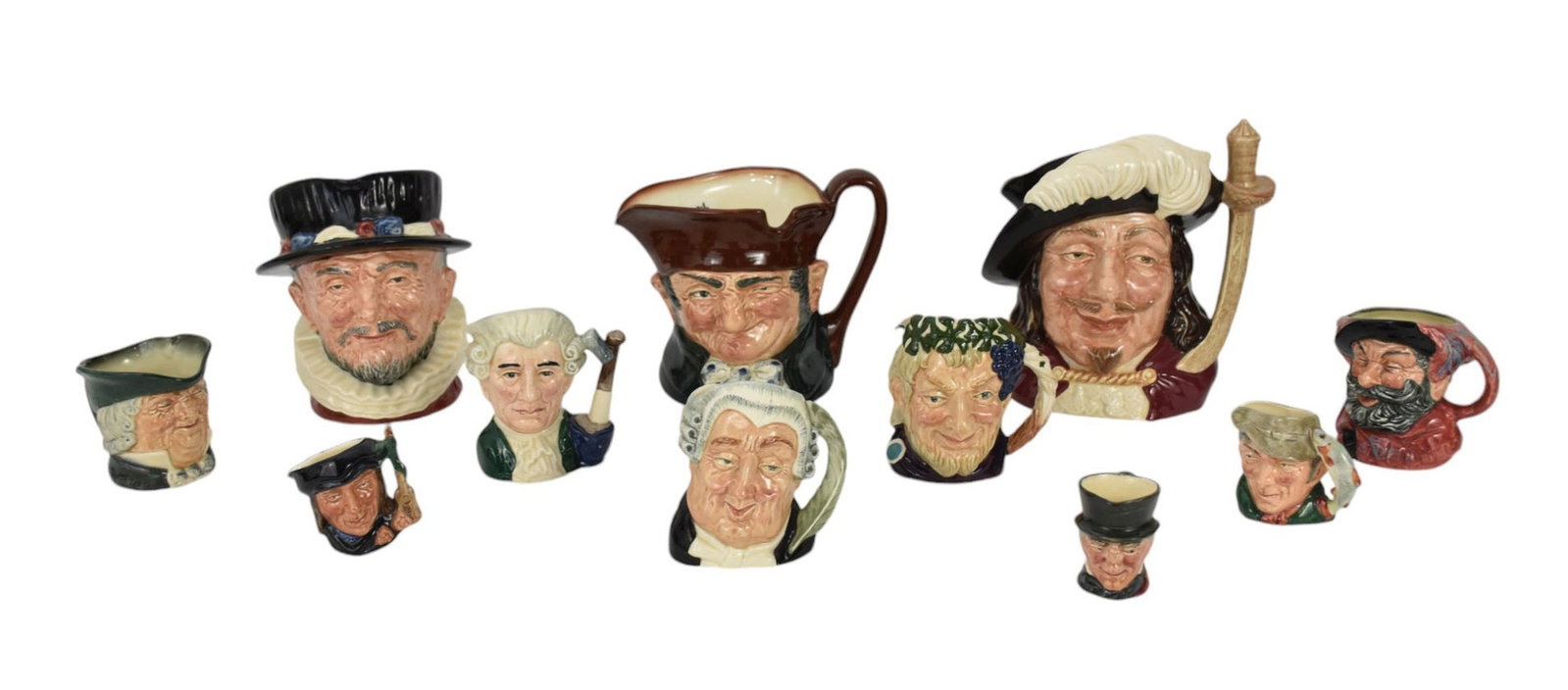 11 Royal Doulton Toby Mugs, Assorted Sizes, 2"h smallest, 7"h tallest: 11 Royal Doulton Toby Mugs, Assorted Sizes, 2"h smallest, 7"h tallest