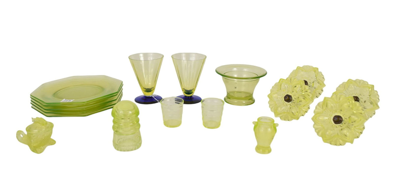 17 Pcs. Antique Vaseline Glass, 5 Plates, 4 Tie Backs, 2 Juice Glasses, Insulator and Misc.: 17 Pcs. Antique Vaseline Glass, 5 Plates, 4 Tie Backs, 2 Juice Glasses, Insulator and Misc. Tableware's