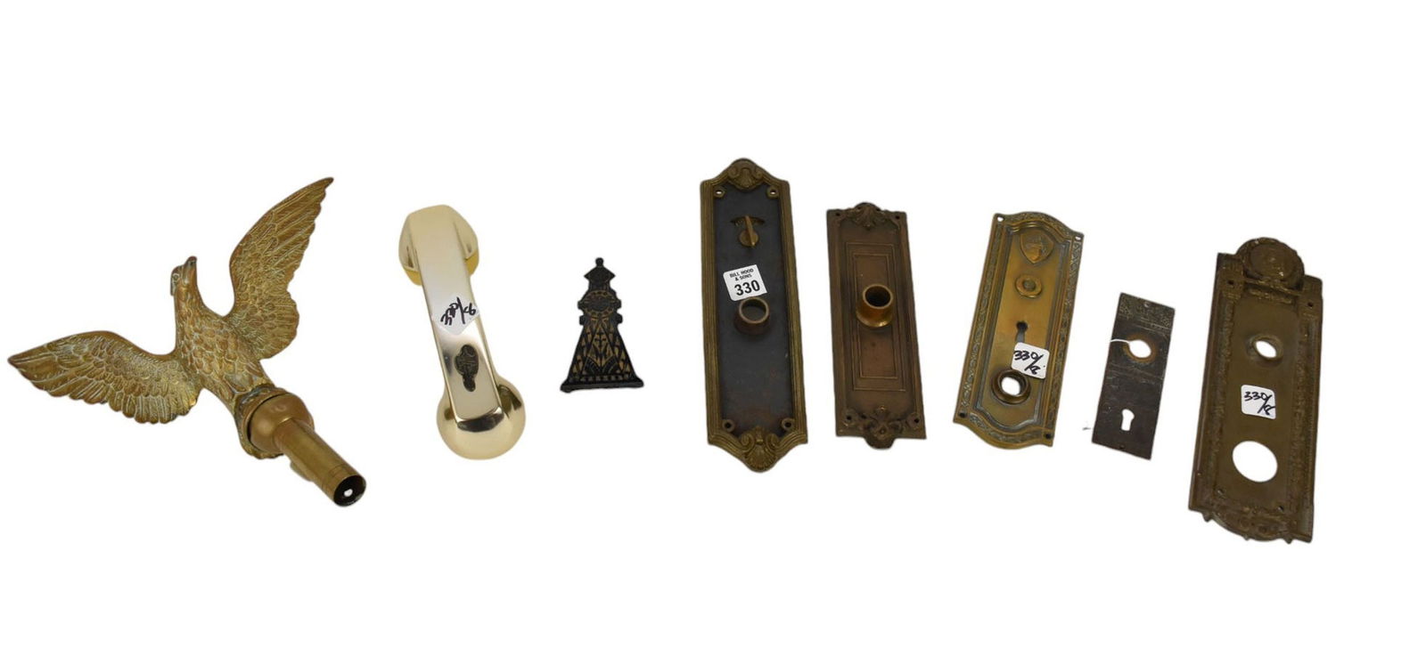 5 Bronze/Brass Door Back Plates, One Impressed Chicago School System, Chicago Drake Hotel Phone: 5 Bronze/Brass Door Back Plates, One Impressed Chicago School System, Chicago Drake Hotel Phone Handle, Metal Paperclip and Bronze Eagle Finial for Flag Pole