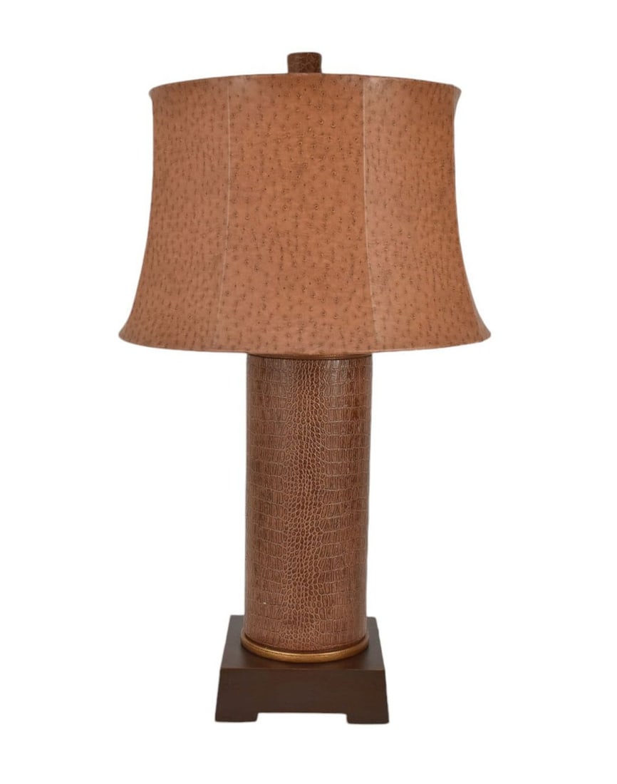 Composition Column Style Lamp, Leather Look, Wood Square Base, 30"h to top of finial: Composition Column Style Lamp, Leather Look, Wood Square Base, 30"h to top of finial
