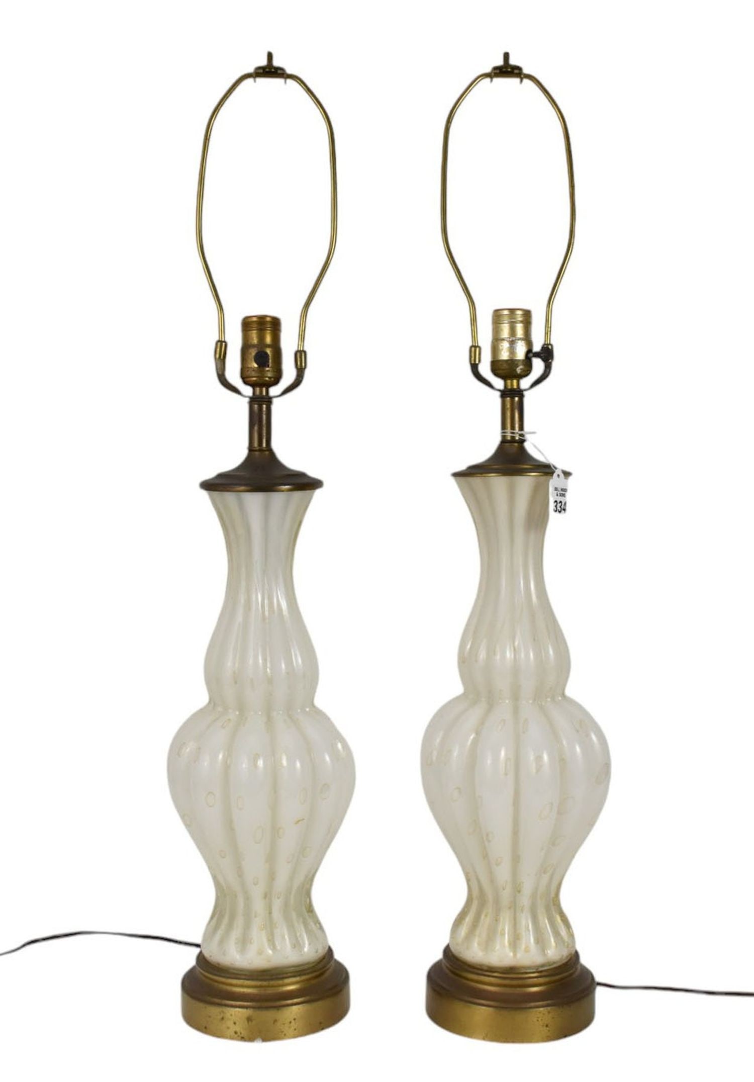 Pair Murano Art Glass Lamps, White with Gold Flecks, 31"h to top of finial: Pair Murano Art Glass Lamps, White with Gold Flecks, 31"h to top of finial