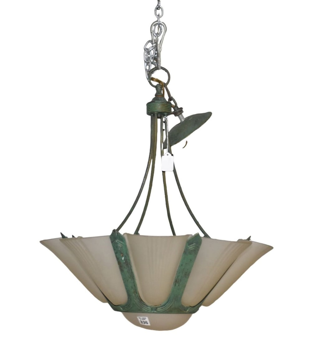 Art Deco Frosted Glass Chandelier, Verdigris Frame, 24"h x 19"w: Art Deco Frosted Glass Chandelier, Verdigris Frame, 24"h x 19"w