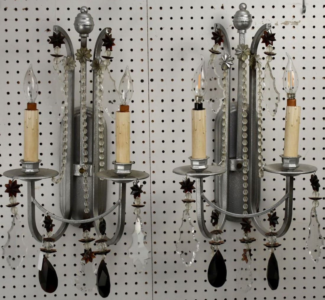 Pair Art Deco Style Metal Double Branch Sconces with Crystal Prisms & Drops, 22"H x 13"W: Pair Art Deco Style Metal Double Branch Sconces with Crystal Prisms & Drops, 22"H x 13"W