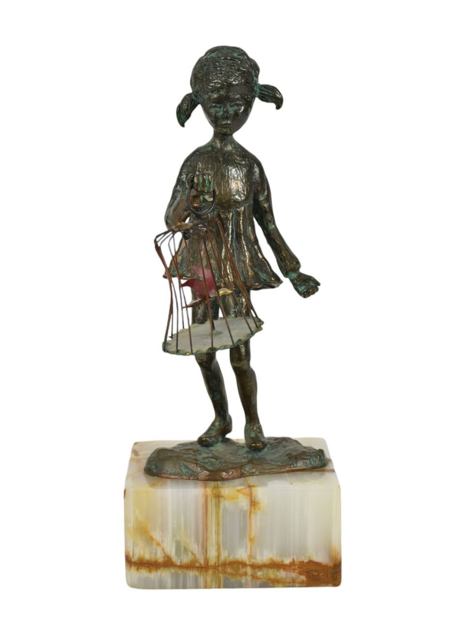 BIJAN Signed Bronze Sculpture of a Little Girl with Birdcage - A bronze sculpture with verdigris: BIJAN Signed Bronze Sculpture of a Little Girl with Birdcage - A bronze sculpture with verdigris patination. Depicting a little girl with pigtails folding a birdcage. Signed "Bijan" to back of girl's