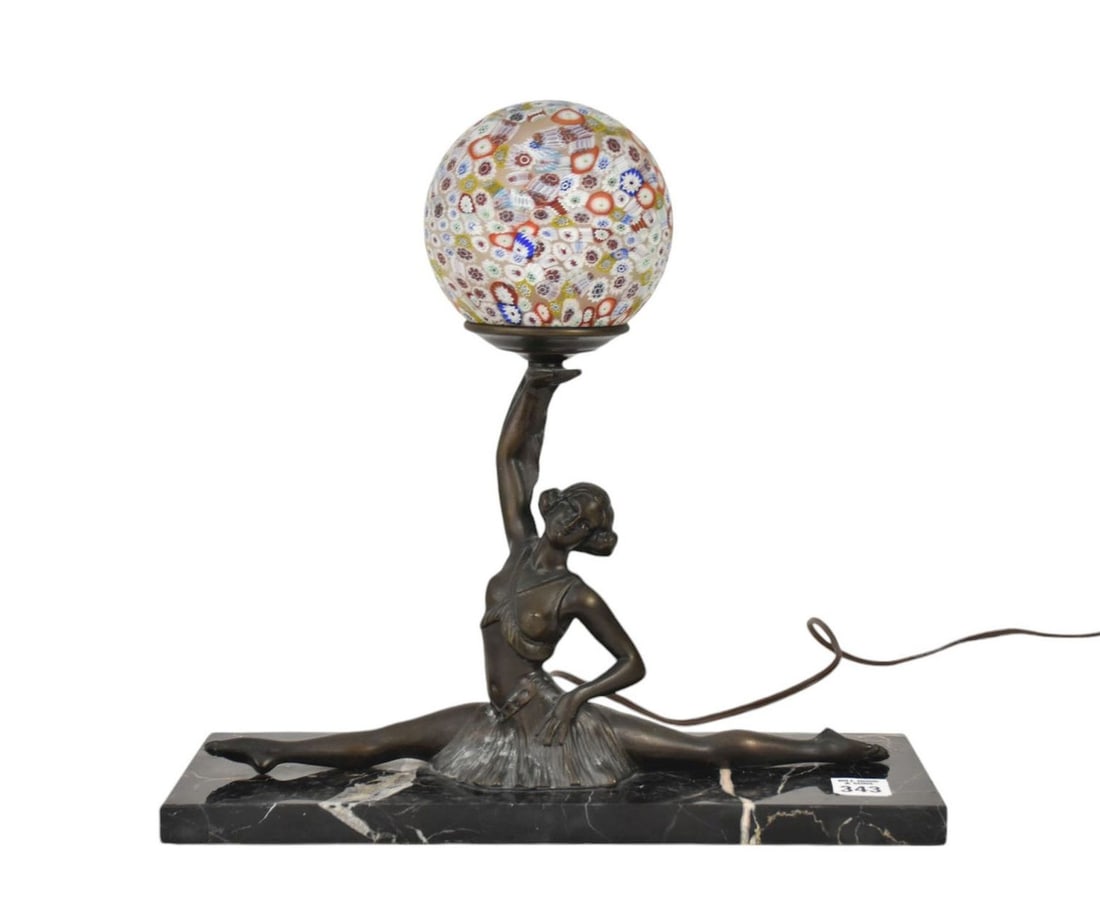 Grand Ecarte Van de Voorde - Deco Style Figural Table Lamp, Millefiori Shade Comes With COA. A: Grand Ecarte Van de Voorde - Deco Style Figural Table Lamp, Millefiori Shade Comes With COA. A table lamp with an Art Deco style patinated dancer figure doing the splits, holding a spherical millefior
