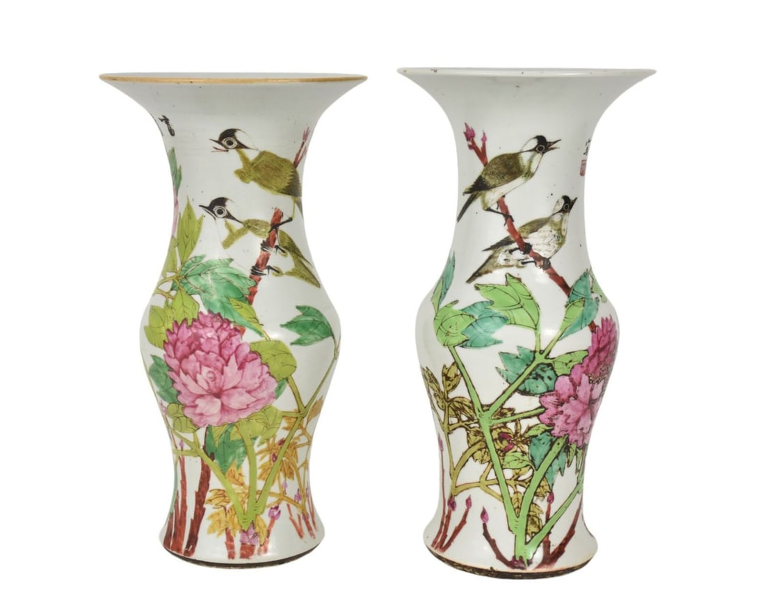 Pair Chinese Enameled Porcelain Vases - A pair of porcelain vase with wide flaring rims. Each: Pair Chinese Enameled Porcelain Vases - A pair of porcelain vase with wide flaring rims. Each decorated with polychrome enamels with birds amongst peonies and foliate branches. With calligraphy in bla