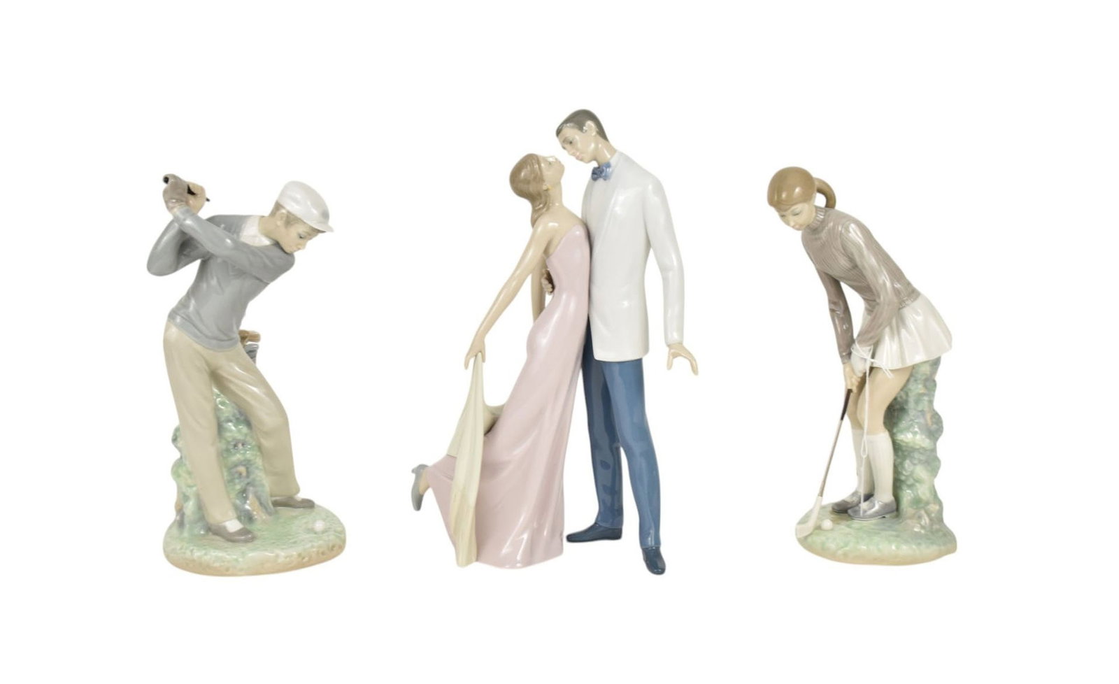 Three Lladro Figures, Golfers, Anniversary Couple - Spain, porcelain. All in glossy finish, with: Three Lladro Figures, Golfers, Anniversary Couple - Spain, porcelain. All in glossy finish, with Lladro backstamps and marks. Comprising: A) Woman Golf Player, # 4851, 11" h. B) Golfer, #4824, 10 3/4"
