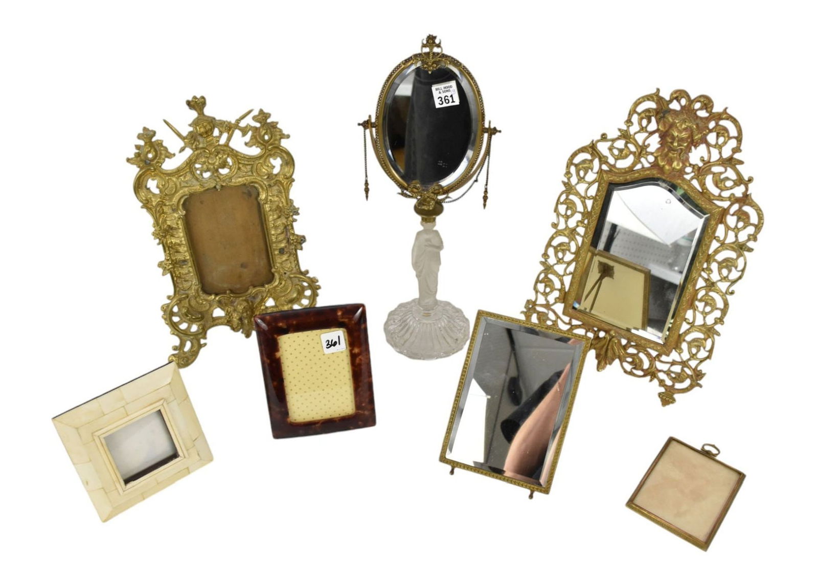 7pc. Lot Vintage Picture Frames & Mirror, Assorted Sizes and Styles, 17"h figural mirror: 7pc. Lot Vintage Picture Frames & Mirror, Assorted Sizes and Styles, 17"h figural mirror