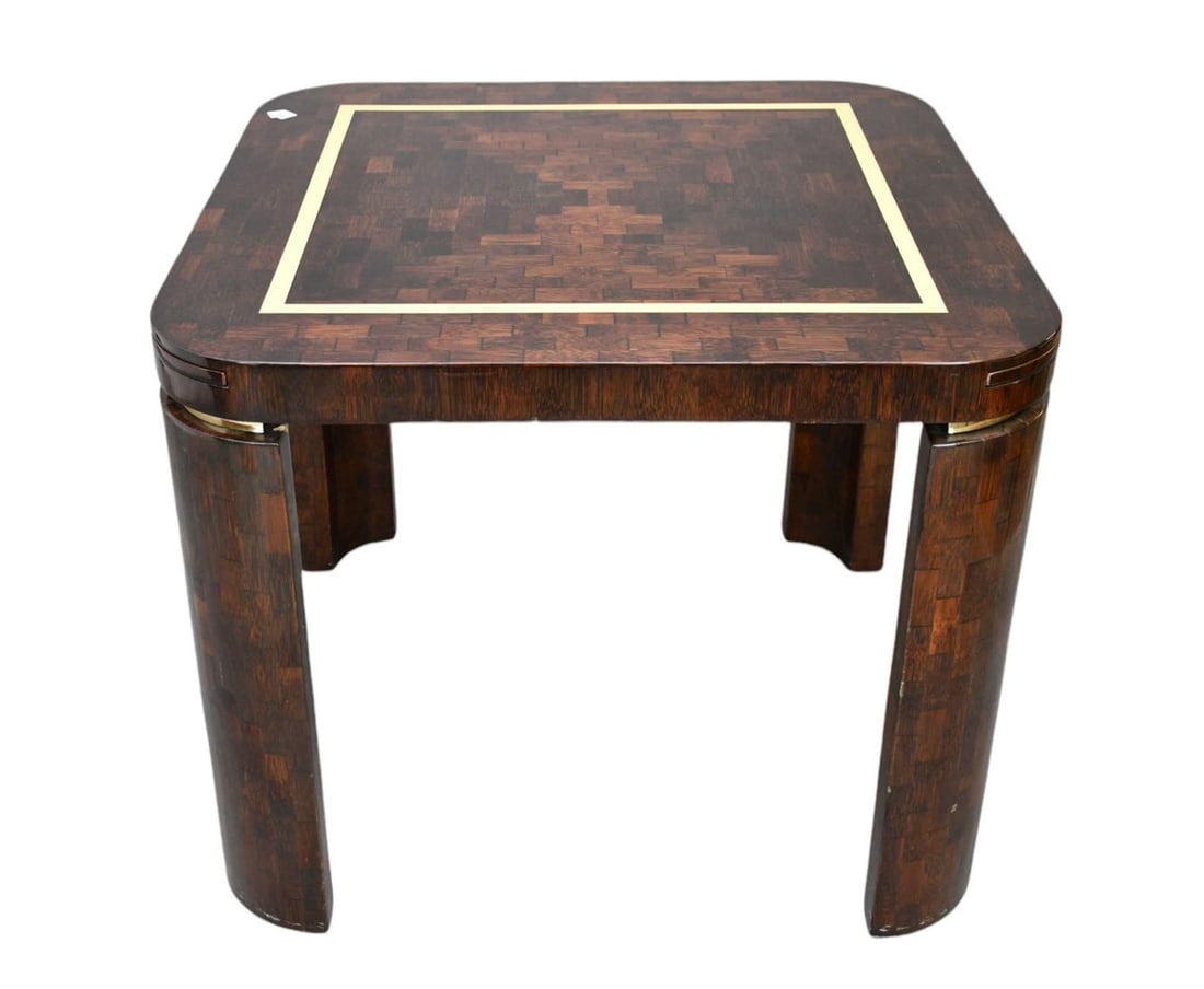 Modern Jimeco Ltda. Laminate Game Table, Dark Inlay Wood with Light Wood Band, made in Colombia.: Modern Jimeco Ltda. Laminate Game Table, Dark Inlay Wood with Light Wood Band, made in Colombia. 29"h x 36"square