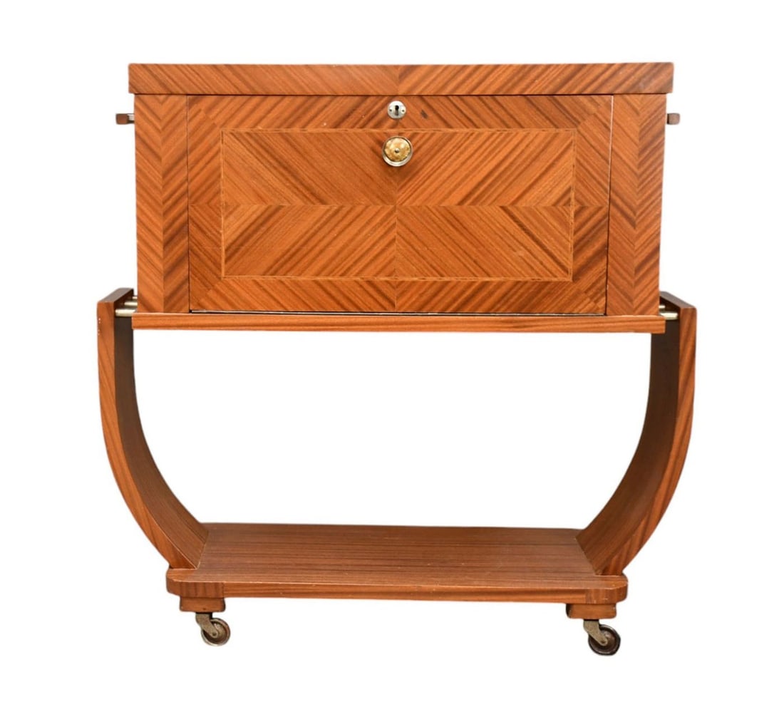 Mid-Century Mahogany Drop Front Bar, 37"h x 32 1/2"w x 14"d (some veneer damage & needs hardware: Mid-Century Mahogany Drop Front Bar, 37"h x 32 1/2"w x 14"d (some veneer damage & needs hardware replacement & knob)