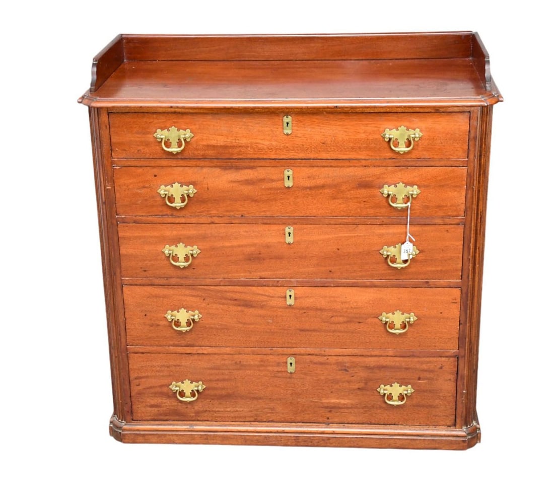 English Mahogany 4 Drawer Dresser with Gallery Rim, circa 1890's, 38"h x 34"w x 16"d: English Mahogany 4 Drawer Dresser with Gallery Rim, circa 1890's, 38"h x 34"w x 16"d