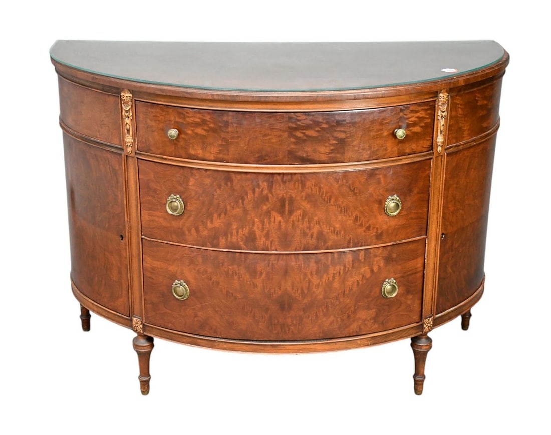 Mahogany 3 Drawer Demi Lune Console with Conforming Glass Top & Cabinet Doors at Either Sides, 35"h: Mahogany 3 Drawer Demi Lune Console with Conforming Glass Top & Cabinet Doors at Either Sides, 35"h x 48"w