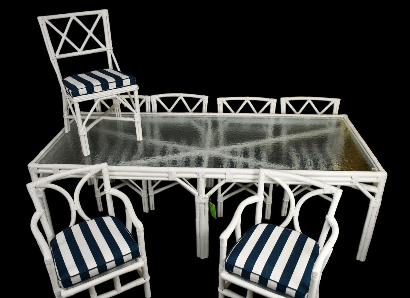 Vintage White Rattan Table with Glass Top And 8 Matching Chairs with Navy & White Cushions, 30"h x: Vintage White Rattan Table with Glass Top And 8 Matching Chairs with Navy & White Cushions, 30"h x 90"w x 36"d (Good condition)
