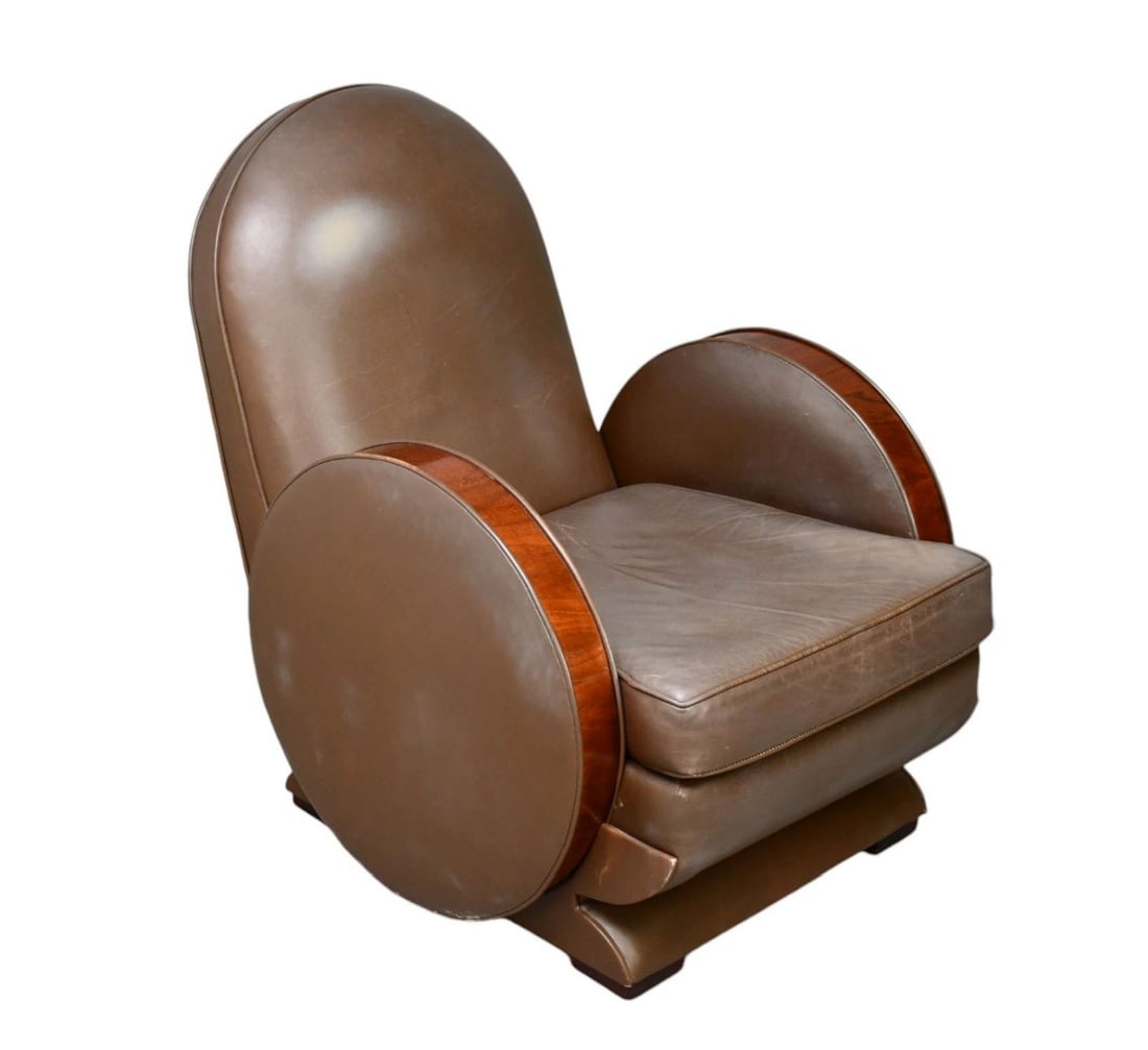 Vintage Art Deco Style Round Arm Chair, brown leather with wood accents: Vintage Art Deco Style Round Arm Chair, brown leather with wood accents