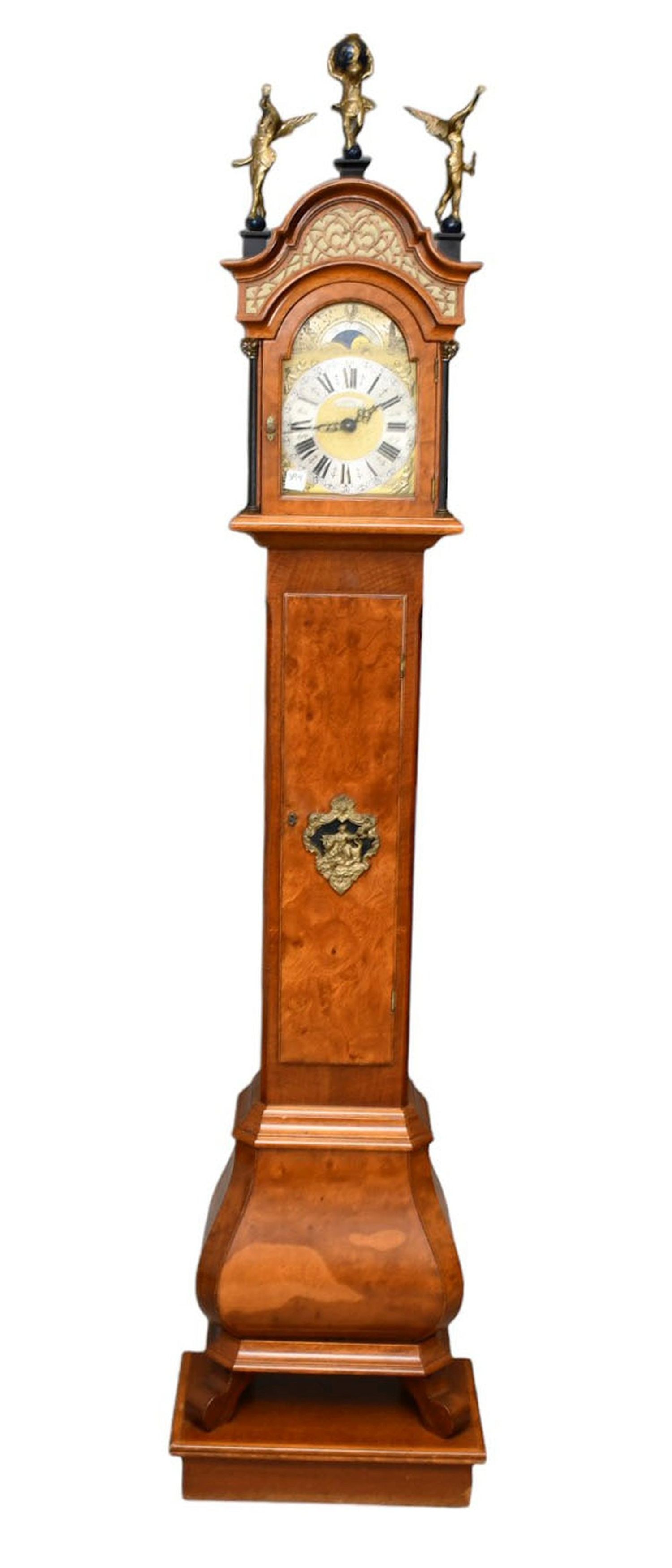 Diminutive Grandmother Case Clock, Made in Holland with Moon Face, Brass Embellishment, 83 1/2"h x: Diminutive Grandmother Case Clock, Made in Holland with Moon Face, Brass Embellishment, 83 1/2"h x 16"w x 10"d