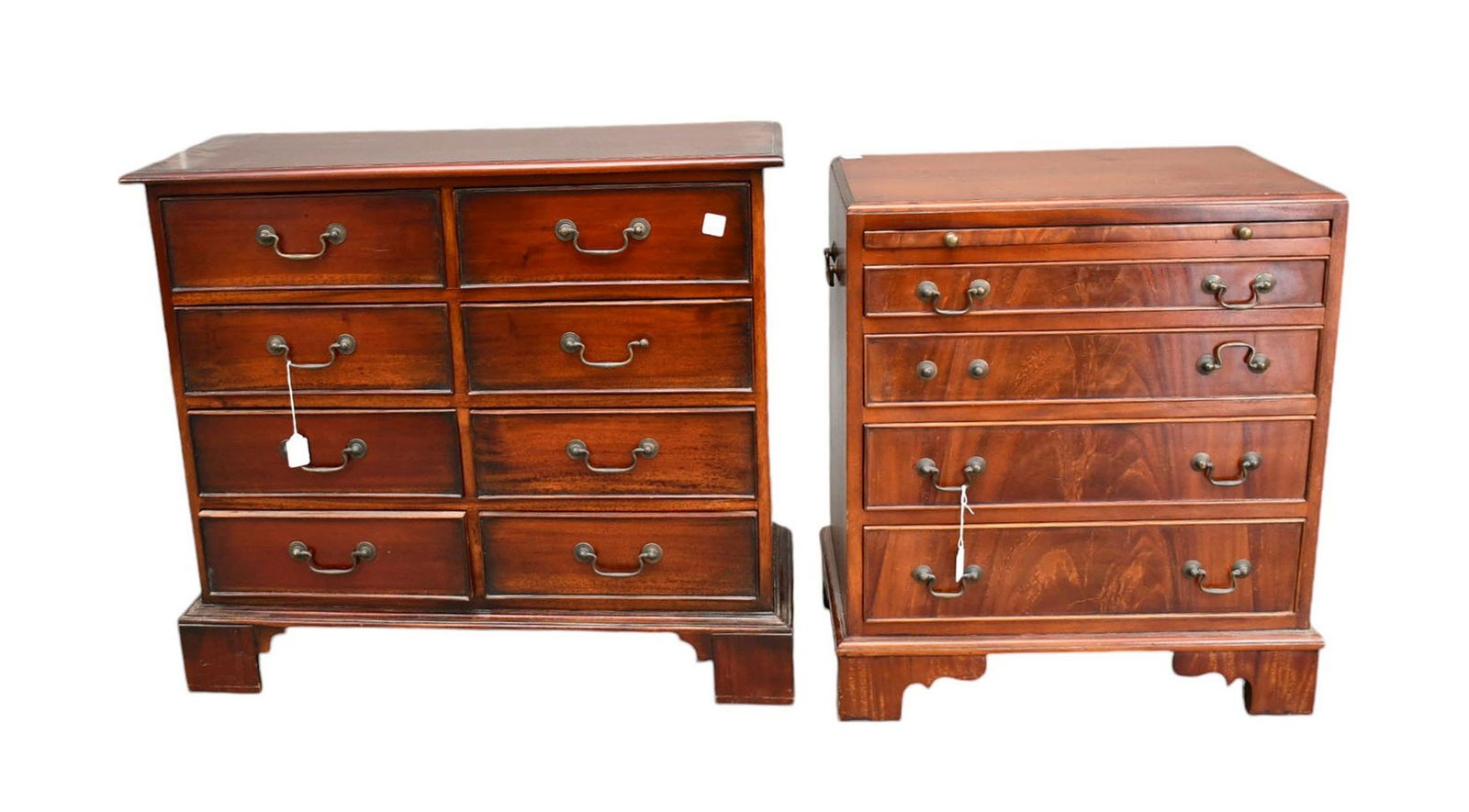 2 Mahogany Pcs, 8 Drawer Chest with 4 Side by Side Drawers & Bale Handles AND 4 Graduated Drawer: 2 Mahogany Pcs, 8 Drawer Chest with 4 Side by Side Drawers & Bale Handles AND 4 Graduated Drawer Chest with Slide Pull-Out at Top (one is 29 1/2"h x 33 1/2"w x 13 1/2"d)