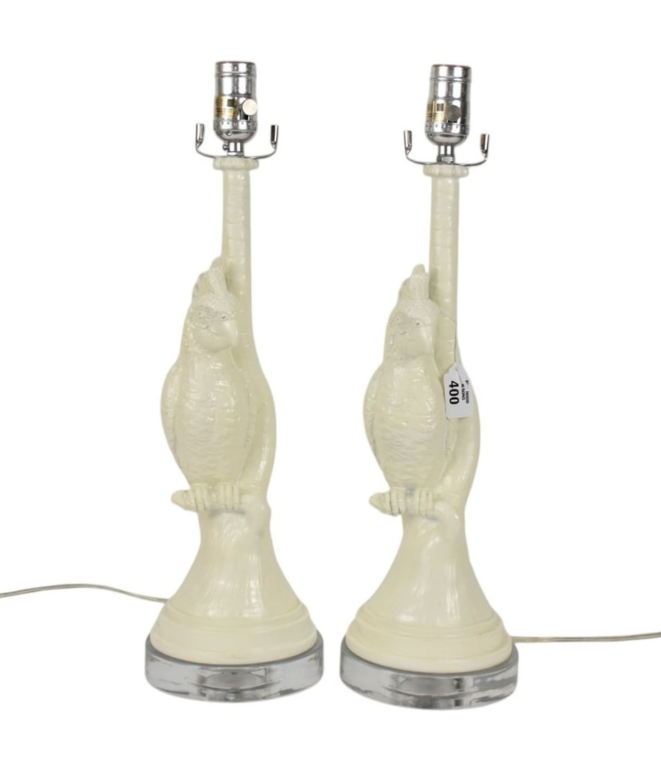 Pair Composition Parrots on Branches with Lucite Bases, 20"h top of socket: Pair Composition Parrots on Branches with Lucite Bases, 20"h top of socket