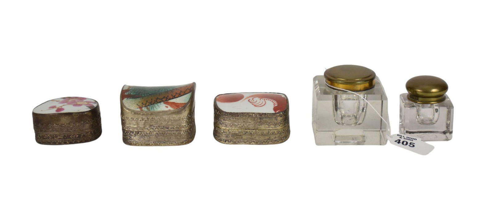 3 Trinket Boxes with Asian Motif (2 1/2"h x 2 3/4"square) largest AND 2 Glass Inkwells (2"h x 2: 3 Trinket Boxes with Asian Motif (2 1/2"h x 2 3/4"square) largest AND 2 Glass Inkwells (2"h x 2 1/2"square) largest