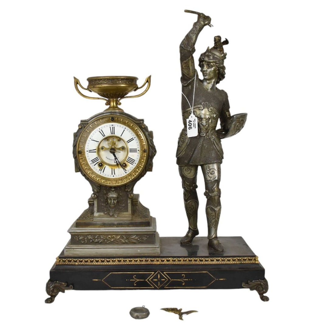 New Haven Mantle Clock Standing Gladiator on Slate Base, 22"h x 15"w: New Haven Mantle Clock Standing Gladiator on Slate Base, 22"h x 15"w