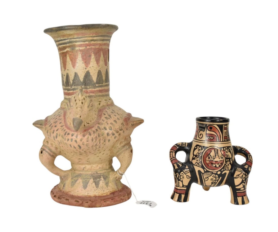 2 Zoomorphic Pottery Vessels (1) Bird-Form, Antique and Faded with Glazed Tail, 14" h (1) Newer: 2 Zoomorphic Pottery Vessels (1) Bird-Form, Antique and Faded with Glazed Tail, 14" h (1) Newer Jaguar Nicoya style, 7" h