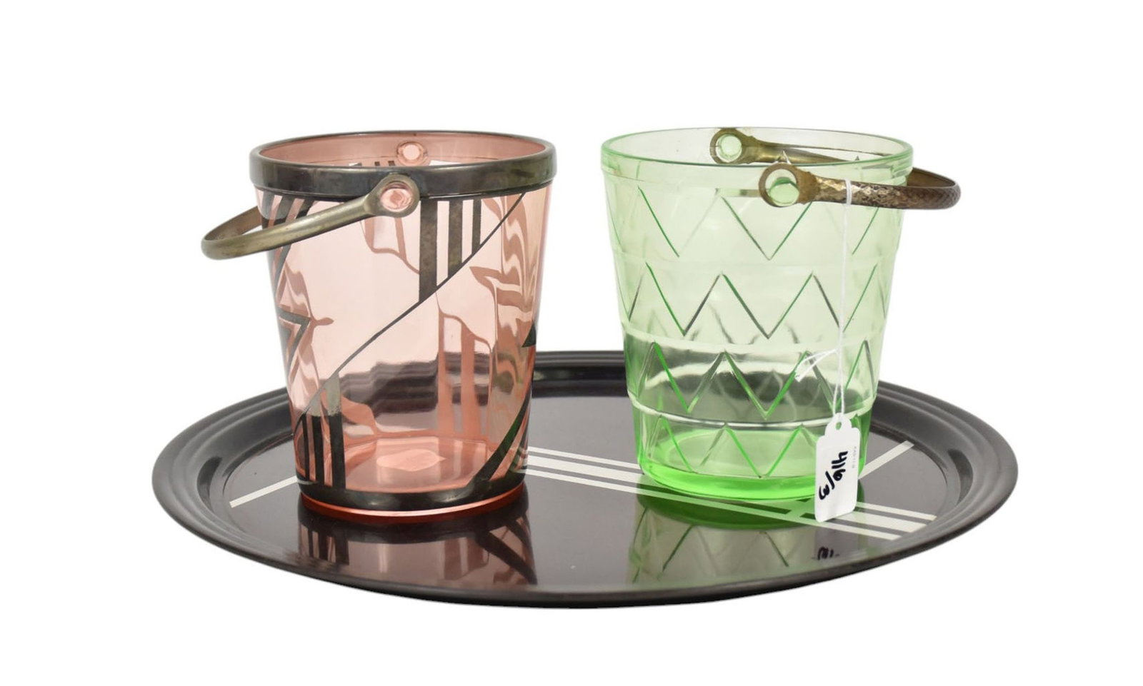 2 Vintage Art Deco Glass Ice Buckets, One Pink, One Green (6"h x 5 1/4"dia) And Vintage Art Deco: 2 Vintage Art Deco Glass Ice Buckets, One Pink, One Green (6"h x 5 1/4"dia) And Vintage Art Deco Tray (15"dia)
