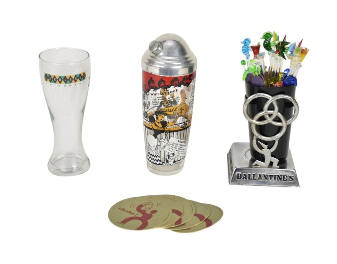Vintage Bar Lot, Martini Shaker, Ballentine's Glass with Vintage Glass Stirrers and Caroline's Beer: Vintage Bar Lot, Martini Shaker, Ballentine's Glass with Vintage Glass Stirrers and Caroline's Beer Glass