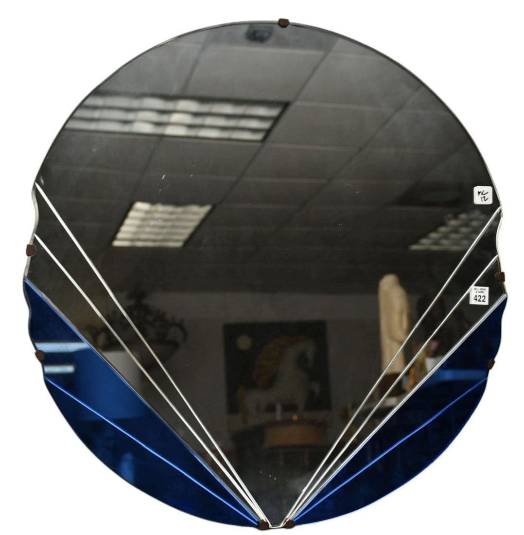 Vintage Art Deco Mirror with Blue Accents, 27"h x 26"w: Vintage Art Deco Mirror with Blue Accents, 27"h x 26"w