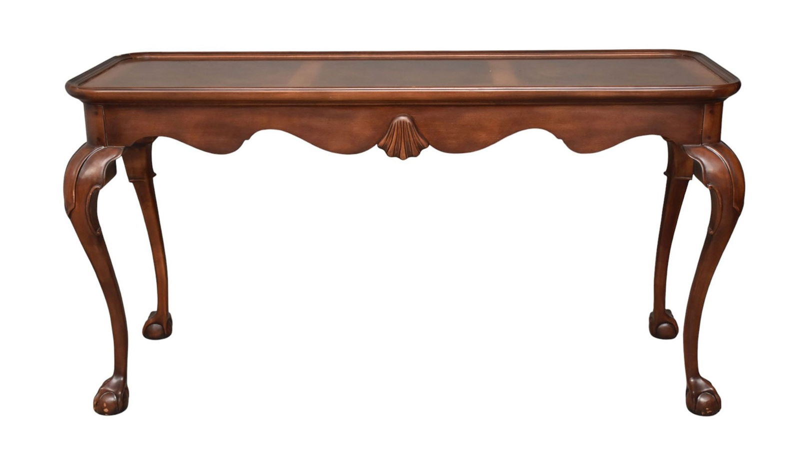 HENREDON Mahogany Sofa Table, 20th Century, Rolled rim, serpentine apron with central shell, ball: HENREDON Mahogany Sofa Table, 20th Century, Rolled rim, serpentine apron with central shell, ball and claw feet, H. 31” x W. 58” x D. 19” Condition: Good