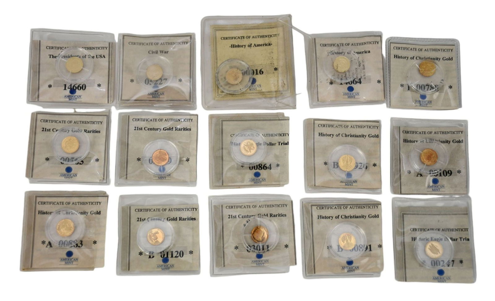 15 - 14K Gold Coins - American Mint History of Christianity Gold 14K Gold Coin, 5 - 21st Century: 15 - 14K Gold Coins - American Mint History of Christianity Gold 14K Gold Coin, 5 - 21st Century Gold Rarities and 1 - 1849 Double Eagle Dollar Trial. 2 history of America. 1 Civil War and President o