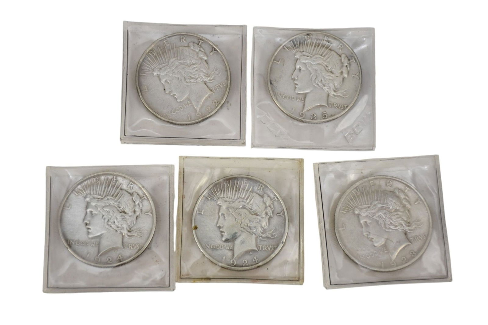 5 - Peace Dollars (1921-1935). 1922, 1923, (2) 1924, 1935: 5 - Peace Dollars (1921-1935). 1922, 1923, (2) 1924, 1935