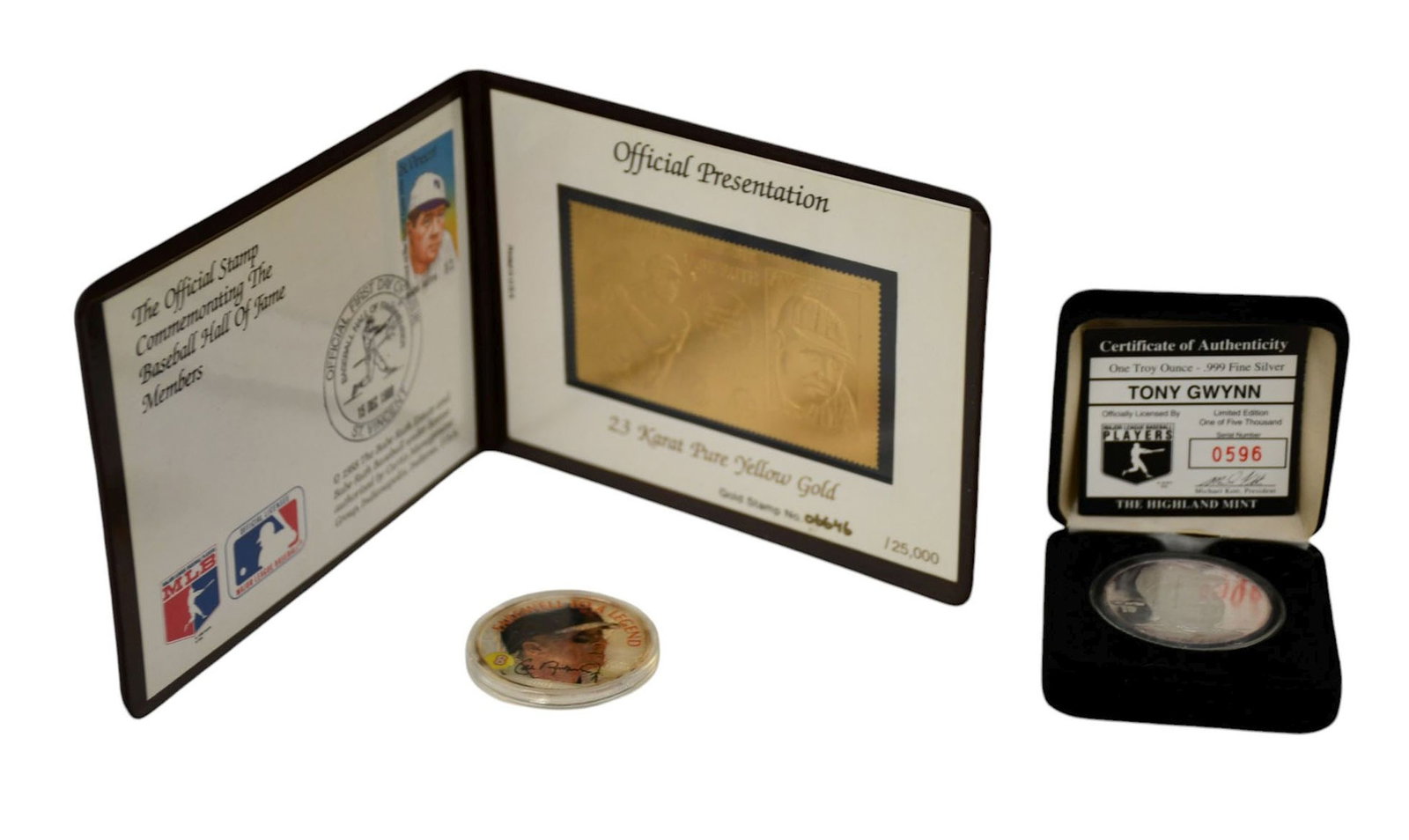 Silver & Gold Baseball Memorabilia. 2 Silver rounds Cal Ripken Jr and Tony Gwynn, 1 troy oz each.: Silver & Gold Baseball Memorabilia. 2 Silver rounds Cal Ripken Jr and Tony Gwynn, 1 troy oz each. 23 Karat pure yellow gold Babe Ruth Stamp
