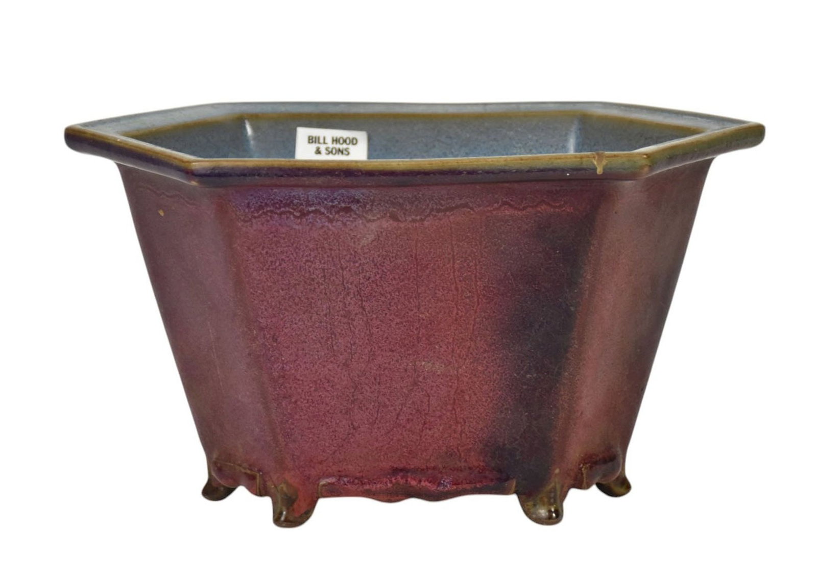 Chinese Porcelain Jun-Ware Planter - stoneware planter of hexagonal form, with six small supports,: Chinese Porcelain Jun-Ware Planter - stoneware planter of hexagonal form, with six small supports, light blue mottled glaze to interior, the exterior a deep red-magenta with purple tones, the base wit