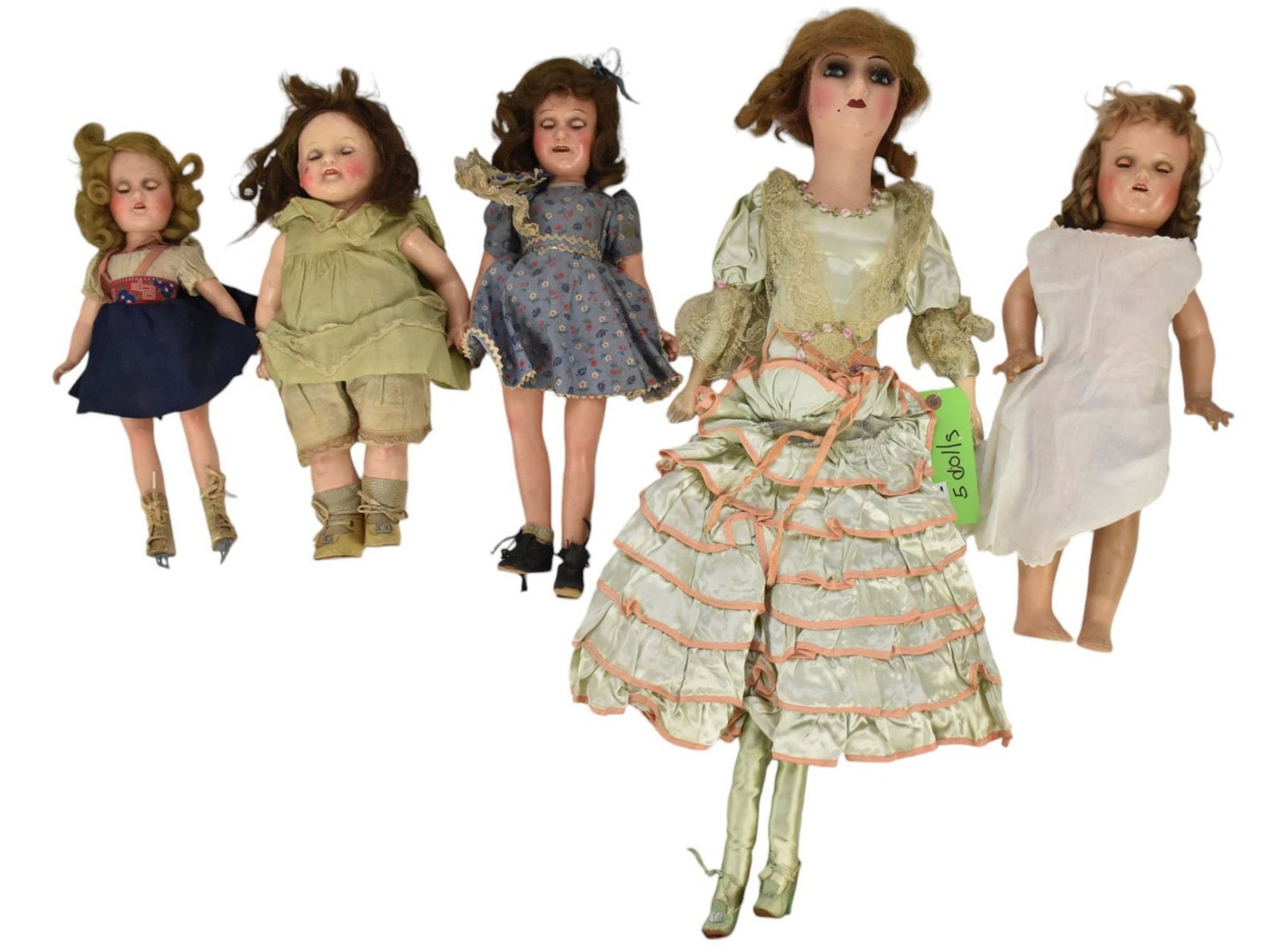 5 Vintage Dolls, Composition & Clothed Boudoir Doll (28"h): 5 Vintage Dolls, Composition & Clothed Boudoir Doll (28"h)