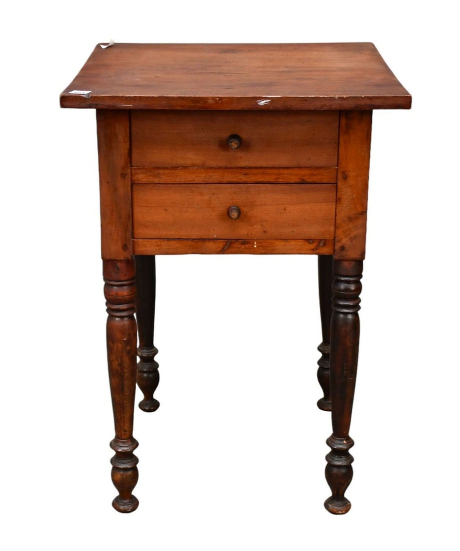 American Primitive Antique Work Stand with 2 Drawers, 19th c, 28"h x 20"w x 20"d: American Primitive Antique Work Stand with 2 Drawers, 19th c, 28"h x 20"w x 20"d