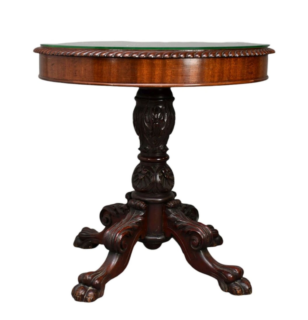 Center Table on Turned Pedestal Leading to 3 Carved Paw Feet, Glass Top with Rope Motif Edge, 29"h x: Center Table on Turned Pedestal Leading to 3 Carved Paw Feet, Glass Top with Rope Motif Edge, 29"h x 29"dia