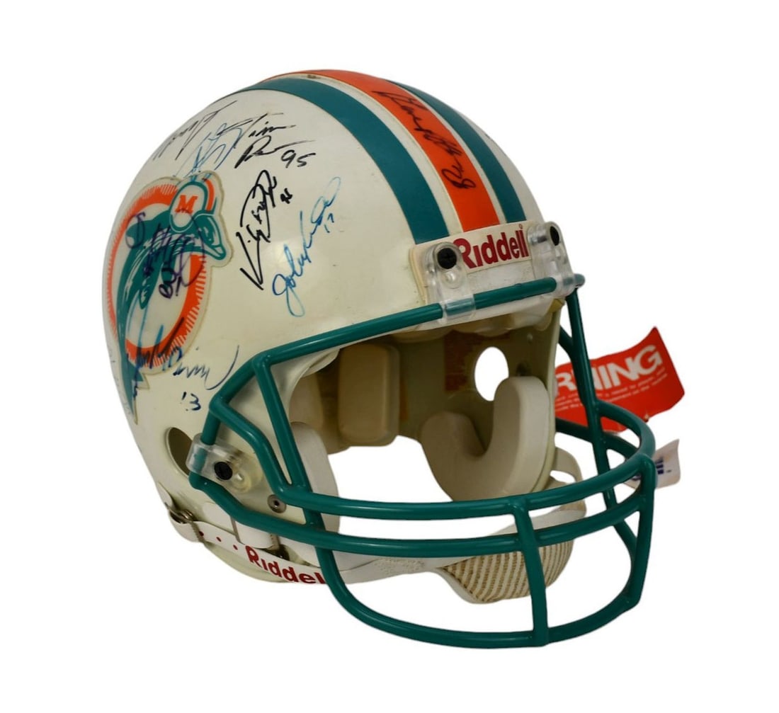 Vintage Miami Dolphins Helmet, Signed by Lots of Players, incl. Dan Marino, Jimmy Johnson, Etc.: Vintage Miami Dolphins Helmet, Signed by Lots of Players, incl. Dan Marino, Jimmy Johnson, Etc.