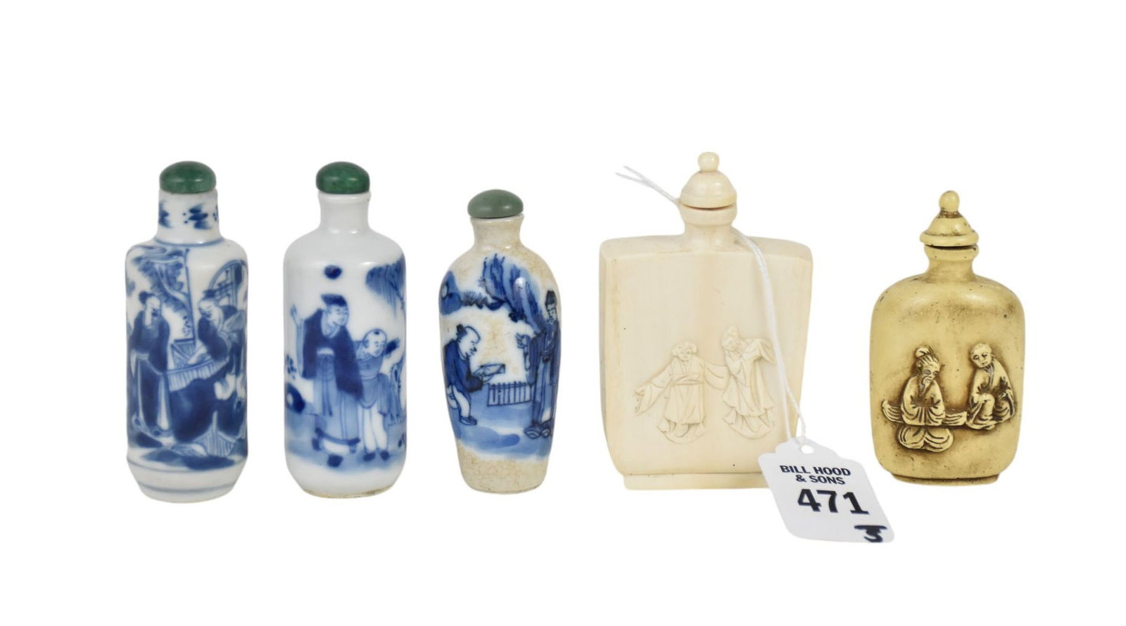 Collection of Five Chinese Snuff Bottles - Five snuff bottles of blue & white porcelain, carved bone: Collection of Five Chinese Snuff Bottles - Five snuff bottles of blue & white porcelain, carved bone with relief and etching, and one of composite with figural relief. All with tops. 3 1/8" h to 3 1/2