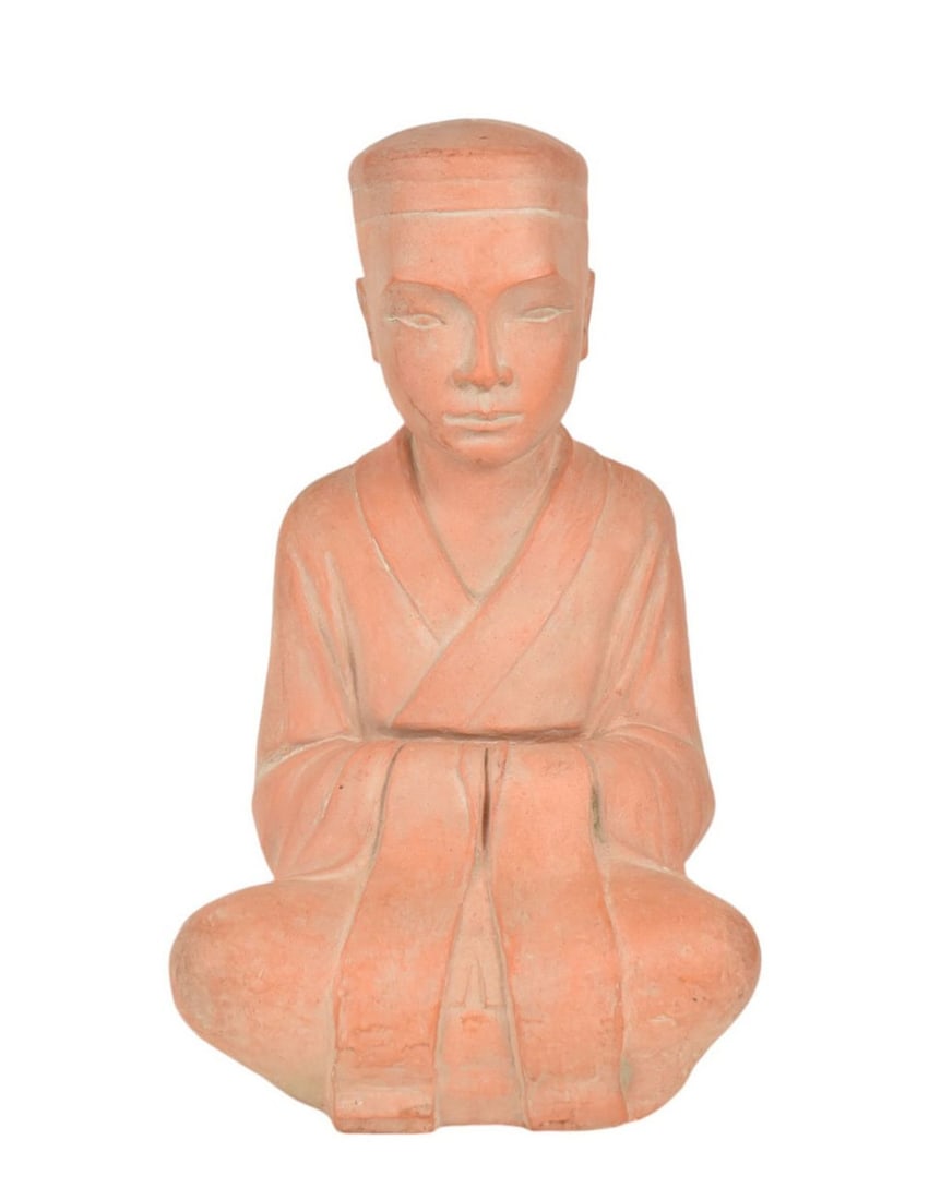 Ceramic Figure of a Seated Chinese Boy - Depicted sitting in robes, with a Manchu-style long braided: Ceramic Figure of a Seated Chinese Boy - Depicted sitting in robes, with a Manchu-style long braided queue down his back and fitted cap. Light orange color throughout. 19" h x 11" w.