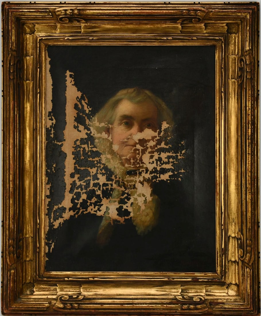 Newcomb Macklin Antique carved and gilded Frame: The painting is almost beyond repair- Oil on canvas: Newcomb Macklin Antique carved and gilded Frame: The painting is almost beyond repair- Oil on canvas Portrait dated 1911 and signed illegible ? __Kelly? holds a 16 x 12 inches painting.