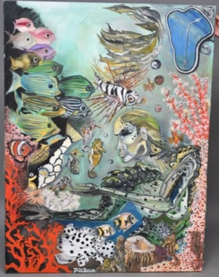 Signed R Da Rocha, underwater sealife with mermaid lady,: Signed R Da Rocha, underwater sealife with mermaid lady, oil on canvas, signed bottom edge, 56 1/2" x 42 1/2" canvas