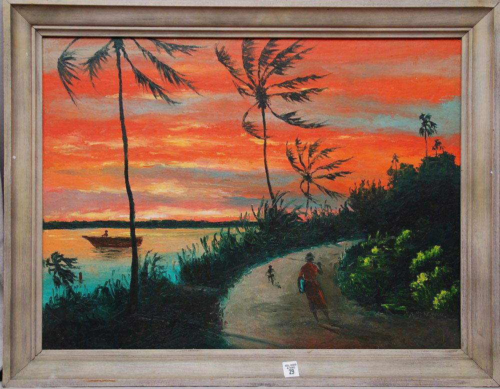 Florida Highwaymen Painting by R.A. McLendon: Florida Highwaymen Painting by R.A. McLendon, oil on canvas board, "Indian Atlantic Sunset" approx. 22" x 30"