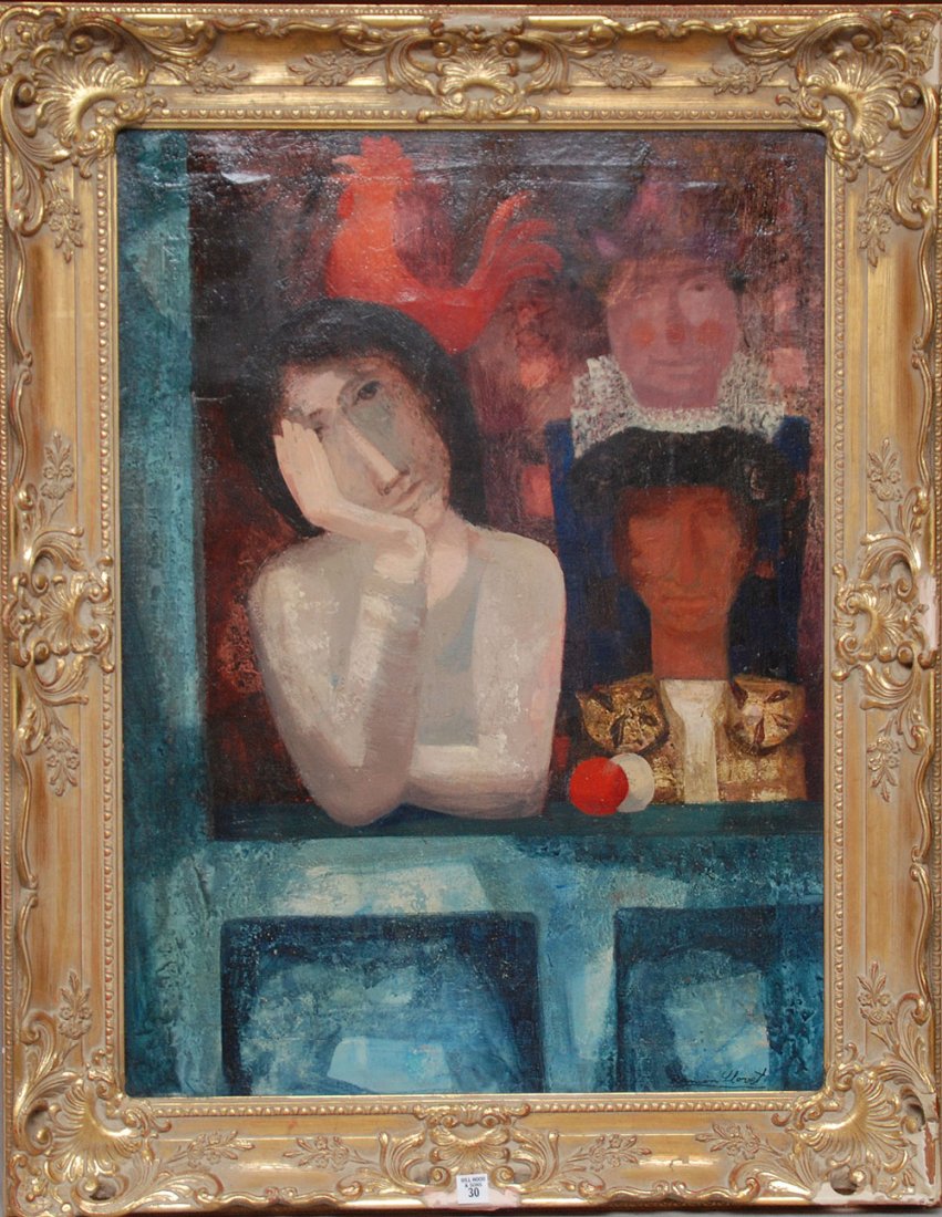 Oil on Canvas Ramon N. Llovet, Spain 1917-1987, "Fi: Oil on Canvas Ramon N. Llovet, Spain 1917-1987, "Figures de teria," 3 faces in window, 23"x 32", gallery framed damage to frame