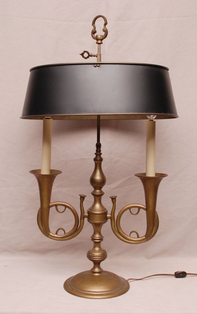 Brass double branch (trumpet form) student lamp wit: Brass double branch (trumpet form) student lamp with tole shade, 29 1/2"h