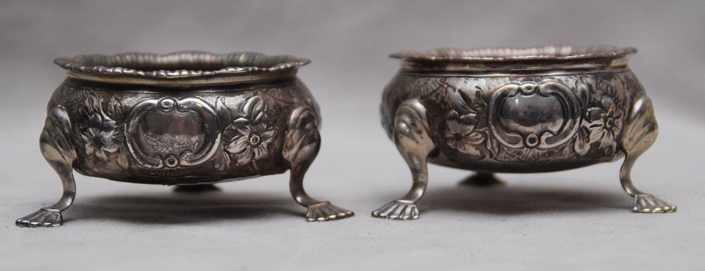 Pair English Georgian footed salts, date letter "M: Pair English Georgian footed salts, date letter "M" 1767, makers mark, Provenance Dr. Hennell, Louisville KY, 6oz