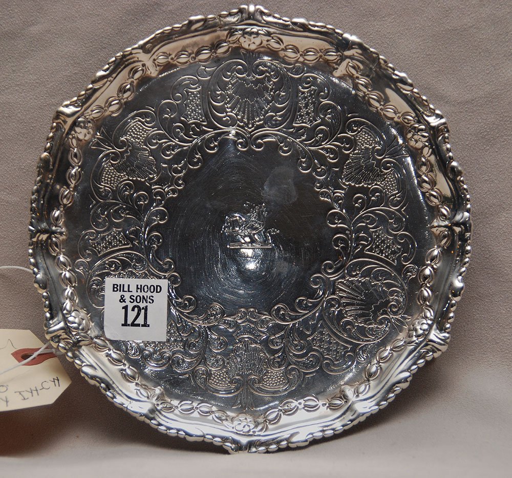 18th c. English hallmarked sterling: 18th c. Georgian, English hallmarked sterling silver tray with engraved shell and vines,with lion passant, crowned leopard's head, date letter "Q" 1763-1764 and maker "EC" Probably Ebenezer Coker 8oz,