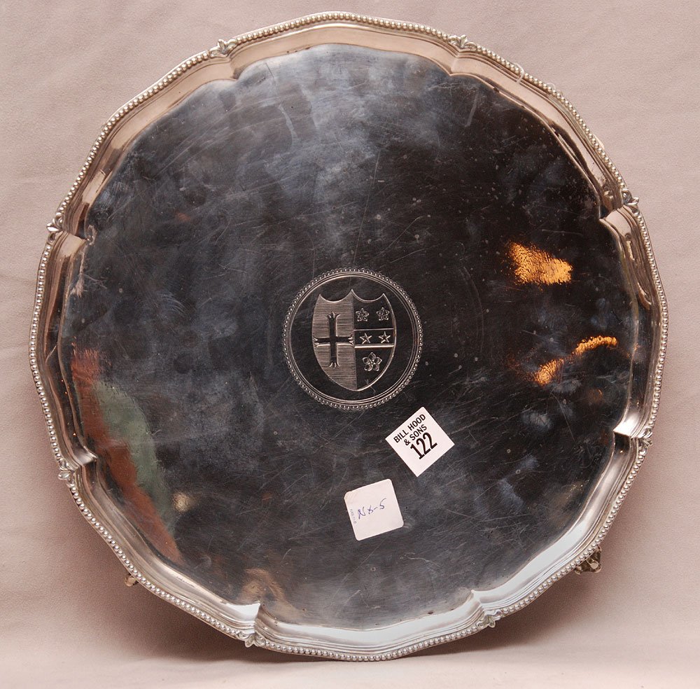 18th c. Georgian, English sterling salver: 18th c. Georgian English sterling salver, crest engraved, has lion passant, crowned leopard's head, date letter "G" 1782-1783 and maker EI Edward Jay, 36oz (1 foot soldered, sits uneven)
